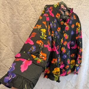 Tolani Collection Floral Blouse 100% Modal Ruffle Neck Boho Button Front NWT S